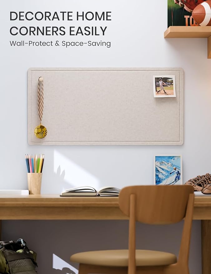 Fluxynara Bulletin Board, 35" x 17.5" Cork Board Alternative with 12 Safe Removable Adhesive Tabs, Foldable Felt Pin Board for Home Office, Classroom, Bedroom,Entryway for Walls— Oatmeal
