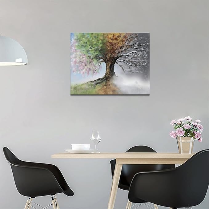 yerretin Tree of Life Wall Art Colorful Country Trees Pictures Wall Decor Rustic Four Season Canvas Painting Modern Artwork Home Decorations for Bathroom Living Room Bedroom Office Framed 16"x12"