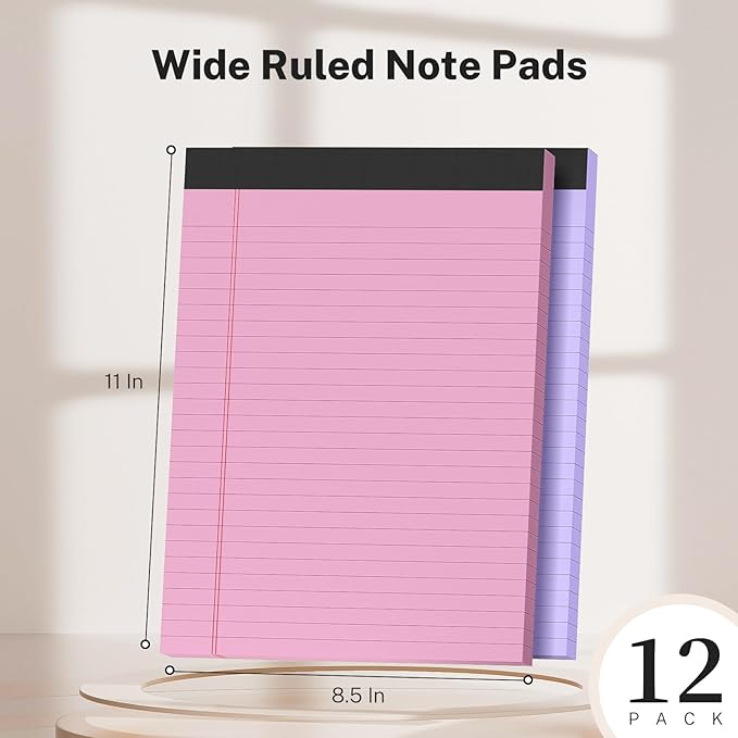 8.5 x 11 Legal Pads, Colored Legal Pads, Wide Ruled, 12 Pack Note Pads 8.5 x 11, Pink Perforated Note Pads with Sturdy White Back, Purple Writing Pad,30 Sheets Per Notepad for School, Home, Office