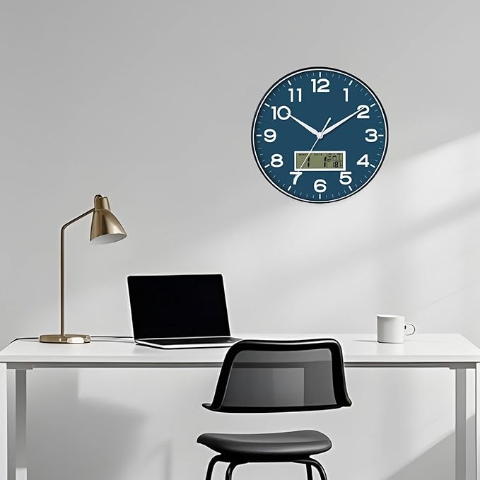 AKCISOT Wall Clock 12 Inch, Non-Ticking Silent Battery Operated Analog with LCD Display for Perpetual Calendar and Temperature, Ideal Modern Decor for Home, Bedroom, Kitchen, Office (Blue)