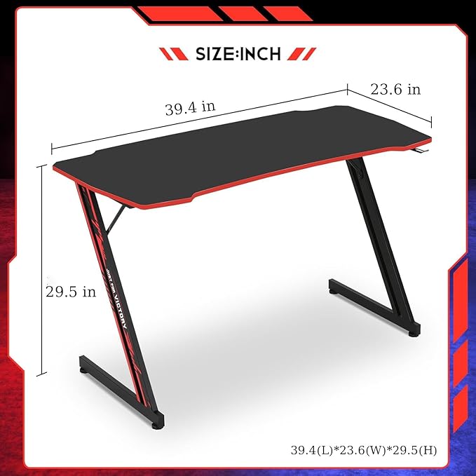 39 Inch Z-Shaped Computer Desk with Headset Hook - Ergonomic Small Gaming Table, MDF Desktop and Metal Frame, Red