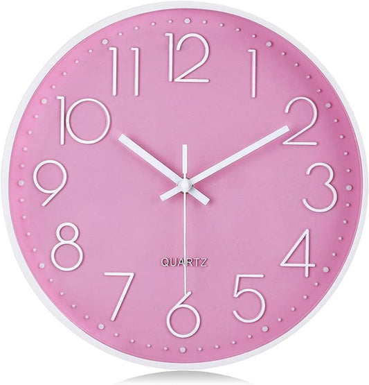 Lafocuse 12 Inch Pink Wall Clock Battery Operated for Kitchen Living Room, Silent Kids Analog Clock for Girls Bedroom, Pink Home Décor