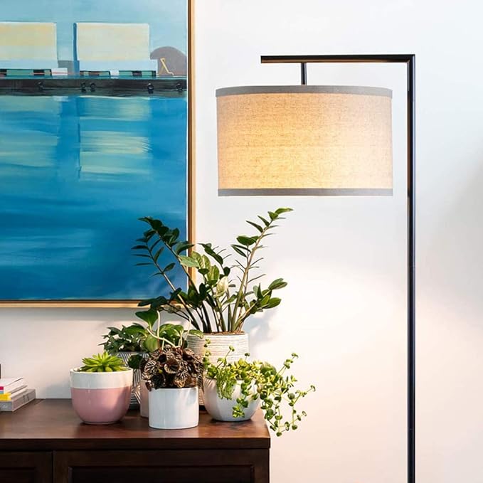 Brightech Montage Modern Floor Lamp - LED Standing Lamp with Tan Shade for Living Rooms & Offices - Bedroom Reading Light - Tall Corner Pole Lamp for Contemporary Home Decor - Black