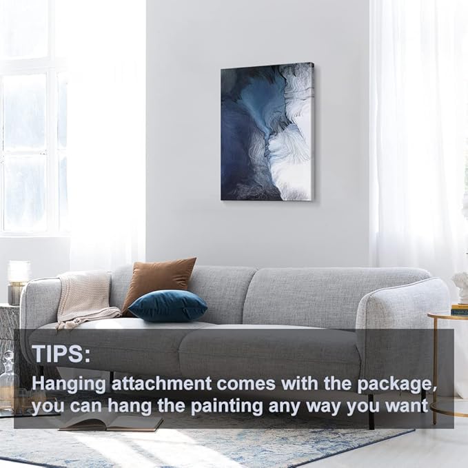 Canvas Wall Art Abstract Art Paintings Navy Blue Block and Line Graffiti is Like Running Water on White Background Modern Artwork Decor for Living Room Bedroom Kitchen 30x20in