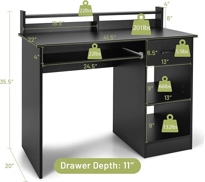 Tangkula Computer Desk with Drawer & Keyboard Tray, 22 Inch Wide Modern Study Writing Desk with Desktop Hutch & Storage Shelves, Home Office Desk for Kids, Wood PC Laptop Desk, Desk for Bedroom