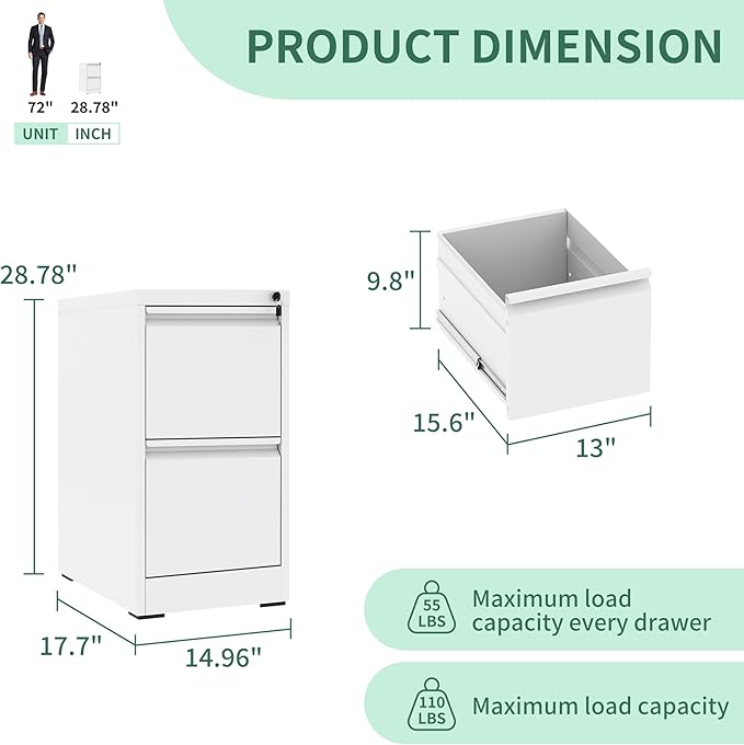 2 Drawer File Cabinet, Vertical File Cabinets with Lock for Home Office,Heavy Duty Office Steel Filing Cabinet for Hanging Letters/Legal/A4, Assembly Required (White)