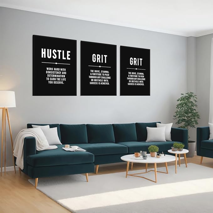 Yatsen Bridge Motivational Wall Art Set Of 3 - Hustle Grind Execute Canvas Prints Black & White Inspirational Quotes Wall Decor Modern Poster for Office, Home, Gym Or Living Room, Large 24"x36"x3