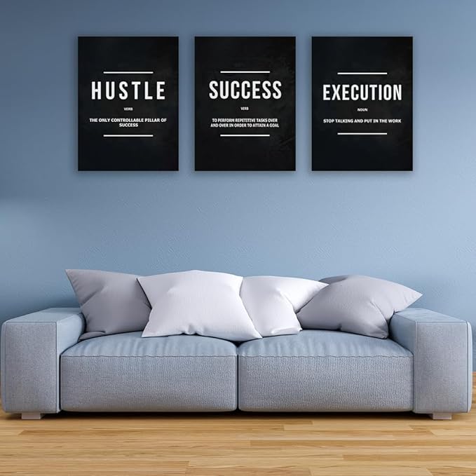 Halioyo Motivational Wall Art, 3 Pane Inspirational Canvas Prints with Positive Saying, Hustle Success Office Wall Decor for Living Room, Bedroom, Workspace, Ready to Hang(12x16 inch)
