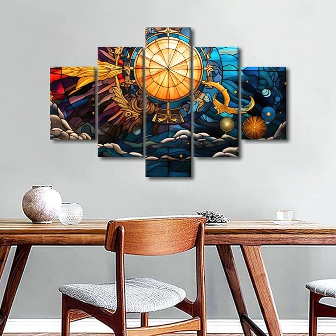 Canvas Wall Art for Home Modern Living Room Decor Stained Glass Style Poster Prints Sea Sun Moon Stars Anchor Painting Art 5 Panel Office Wall Decor Stretched and Framed Ready to Hang 60x40 in