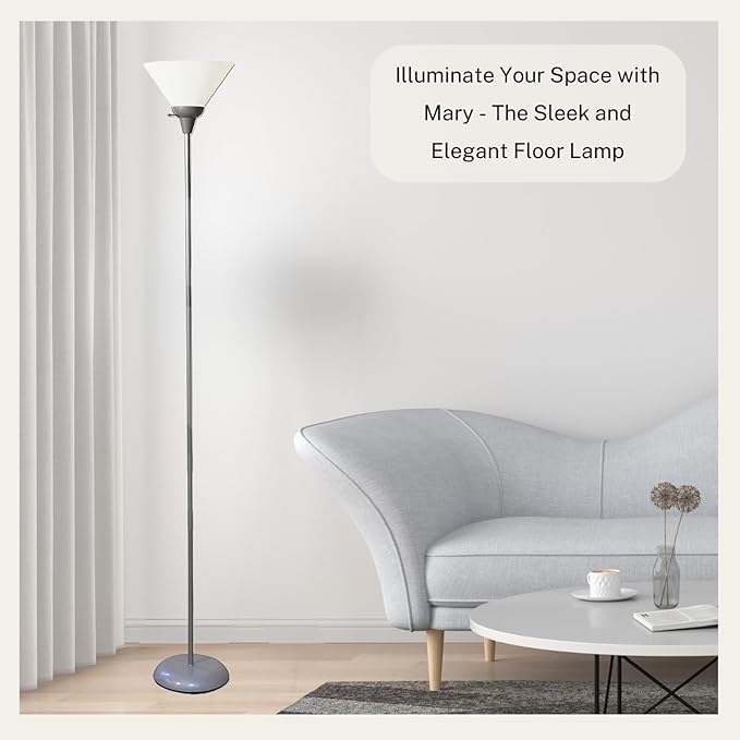 LIGHTACCENTS Mary Torchiere Floor Lamp – Silver Standing Lamp with White Shade and Rotary Switch, Modern Pole Light for Living Room, Bedroom, Office, or Dorm – Slim Minimalist Design