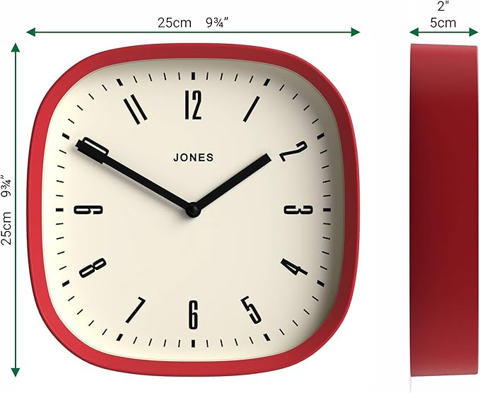 JONES CLOCKS® Marvel wall Clock | Modern Retro Rounded Square Clock | 10 inch | Cool Designer Look for Kitchen, Living Room or Office