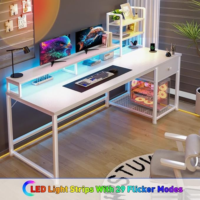 55 Inch White Computer Desk with Drawers and Hutch,Reversible Home Office Desk with Monitor Shelf,Gaming Desks with USB Power Outlets&Storage,Writing Study Table for Bedroom with LED Lights,White