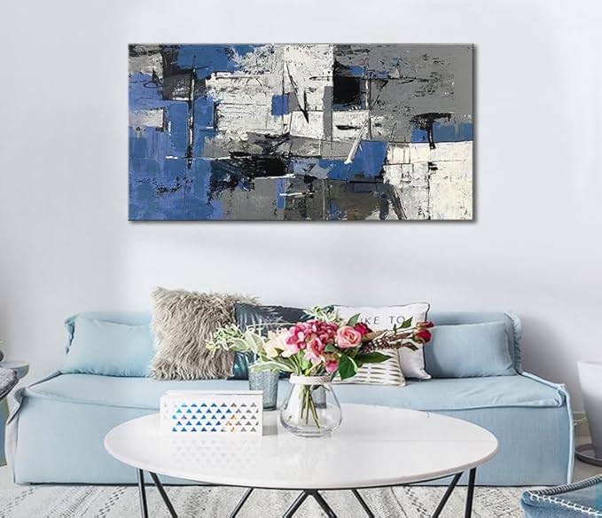 Blue Abstract Wall Art - Large Canvas Wall Art in Navy Blue and Black, Modern Gray Artwork for Living Room, Bedroom, and Office Decorations for Work - Modern Textured Wall Decor and Pictures 29" x 58"