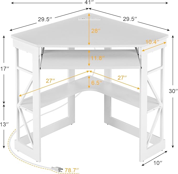 VECELO Corner Computer Desk 41x30 inch with Charging Station & Keyboard & Storage Shelves for Small Space,Triangle Table for Home Office Bedroom,White