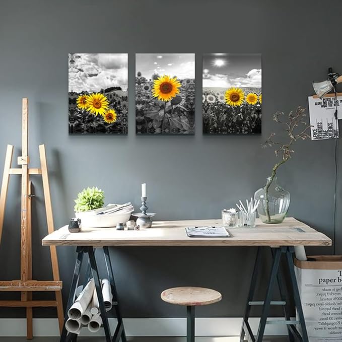 Lapremoly Large Canvas Wall Art For Living Room Decoration For Bedroom Black And White Sunflower Flowers Painting Framed Wall Decor For Kitchen Bathroom Modern Artwork Home Decor Pictures