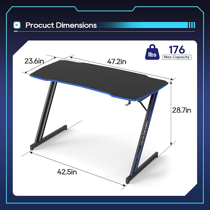 BestOffice Gmaing Desk Z Shaped 47 inch PC Computer Desk Computer Workstation Ergonomic Gaming Table with Headphone Hook for Game Players, Black&Blue