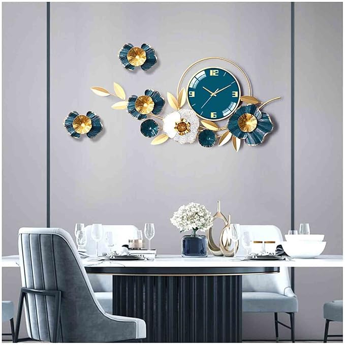 Wall Clock Large Decorative Hanging Wall Clocks,36.6 * 18.7in Wrought Iron Silent Non Ticking Ginkgo Leaf Wall Quartz Clock for Living Room Office Cafe Hotel,White Clock (Blue A)