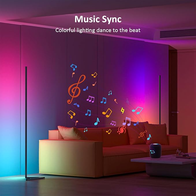 MIHEAL 2PCS Black Corner Floor Lamp, Synced Lights LED Control Floor Lamp RGB Light 56" Smart LED Corner Lamp App and Remote for Living Room Gaming Bedroom and Etc