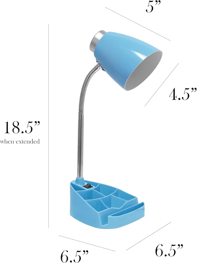 Simple Designs LD1067-BLU Compartmental Desk Lamp with iPhone/iPad/Tablet Stand, Bendable Gooseneck, for Office, Living Room, Nightstand, Library, Entryway, Blue