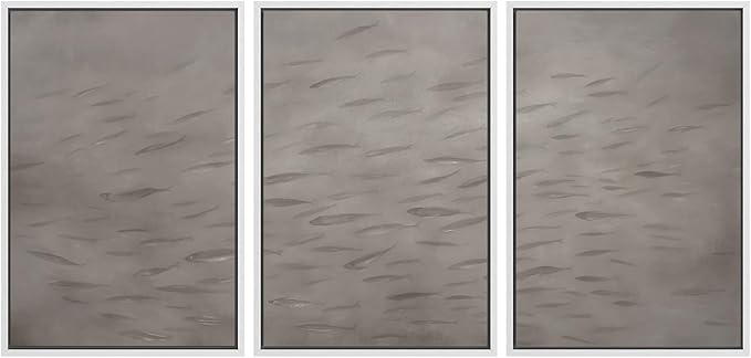 SIGNWIN Framed Canvas Print Wall Art Set Minimalist Fish Shoal Pattern Subtle Gray Underwater Illustrations Modern Art Decorative Abstract for Living Room, Bedroom, Office - 16"x24"x3 White