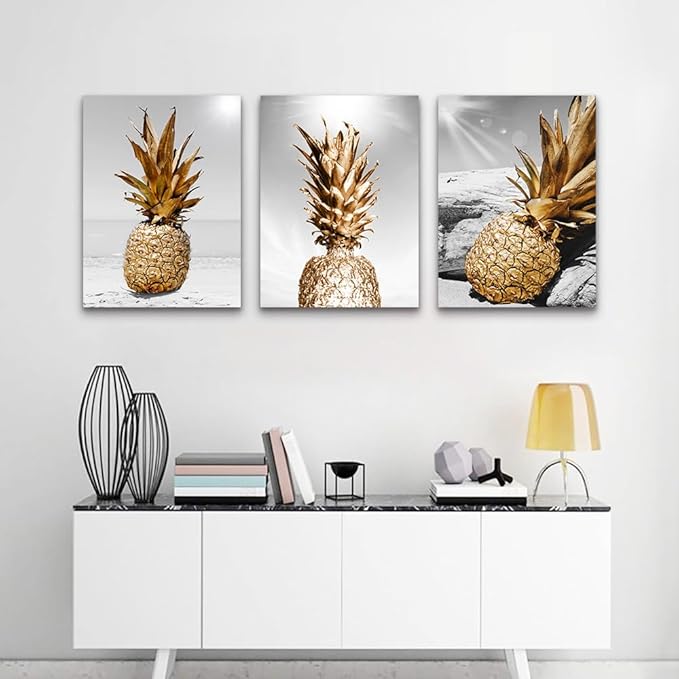 Lapremoly Large Wall Decor for Kitchen Dining Room Artwork Black And White Wall Painting 3 Piece Canvas Wall Art For Living Room Beach Scenery Pineapple Pictures Restaurant Framed Wall Decoration