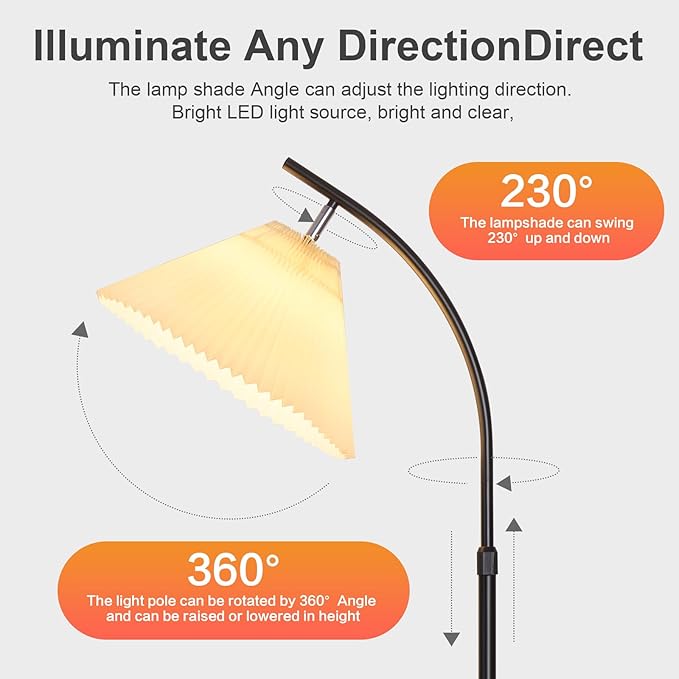 Tall Floor Lamp for Living Room Bedroom, 61"-68" Adjustable Standing Lamp with PleatedShade, Black Modern Lamp with 9W LED Dimmable 3-Color (3000K/4500K/6000K), Corner Reading Light for Office