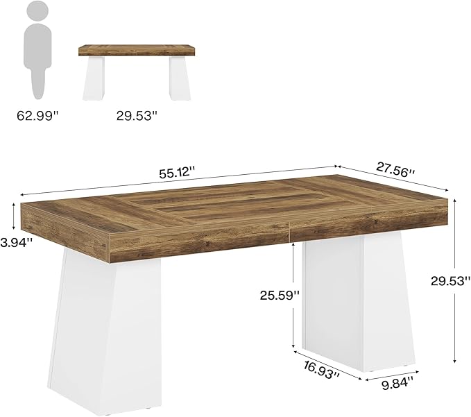 Tribesigns 55" Executive Desk, Wooden Office Desk with Double Pedestal, Modern Simple Computer Writing Table for Home Office, Brown & White