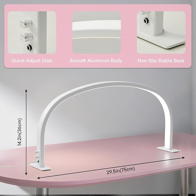 U-Shape Half Moon Light for Nail Desk Lamp, 29in 48W LED Desk Lamp for Nail Tech, Adjustable Brightness Knob 3 Color Temperatures, Half Moon Light for Manicure Handcraft Tattoo Detailed Work