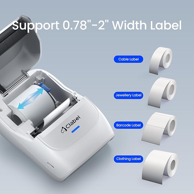 CLABEL Label Maker Machine with Tape, 221B Thermal Bluetooth Label Printer 2 Inch Portable Barcode Inkless Sticker for Small Business, Retail Office,Office, Home, Came with 1 Roll Label (Gray White)
