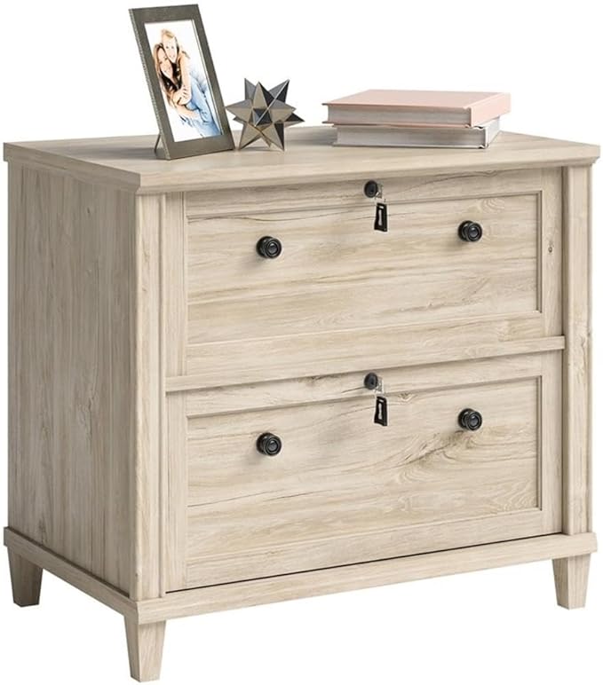 Pemberly Row Engineered Wood Lateral File Cabinet, Chalk Oak Finish, 2-Drawer Design with Key Lock, Solid Wood Feet, Safety Mechanism, Home Office Storage for Letter or Legal Files