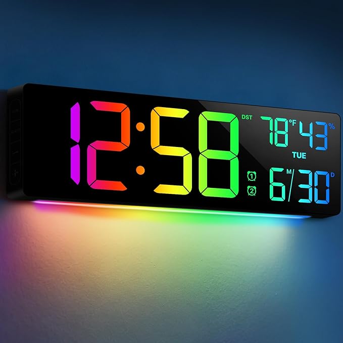 18.5" Large Digital Wall Clock with Remote Control, Big LED Display Digital Clocks with Night Light, Alarm, Countdown, DST, Temp, Date for Parlor, Bedroom, Office, Gifts for Seniors(Black)