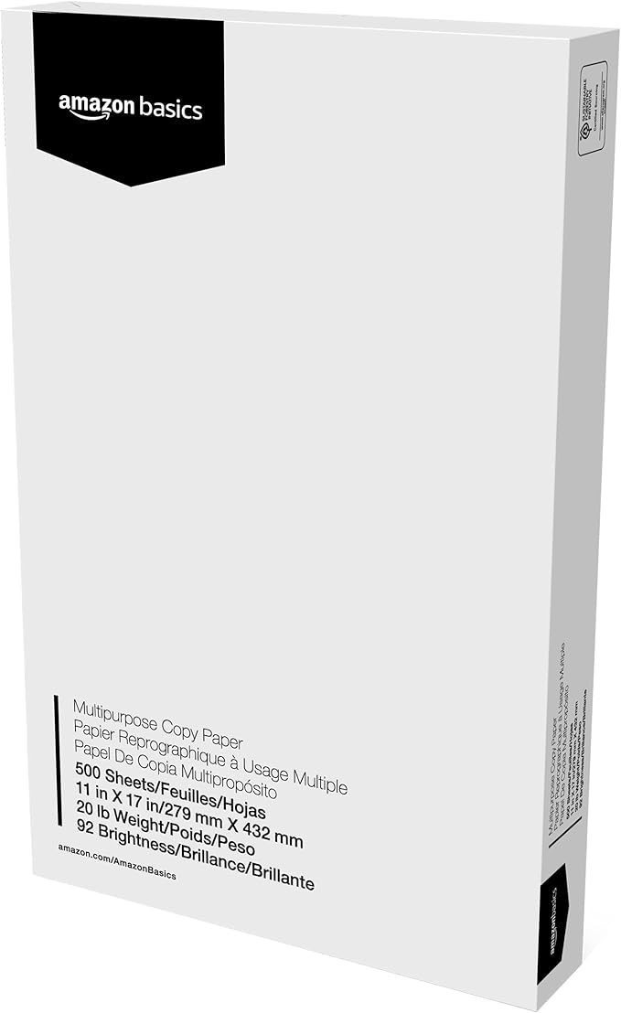 Amazon Basics Multipurpose Copy Printer Paper, 20 lb, 11 x 17 Inches, 5 Reams (2,500 Sheets), 92 Bright White