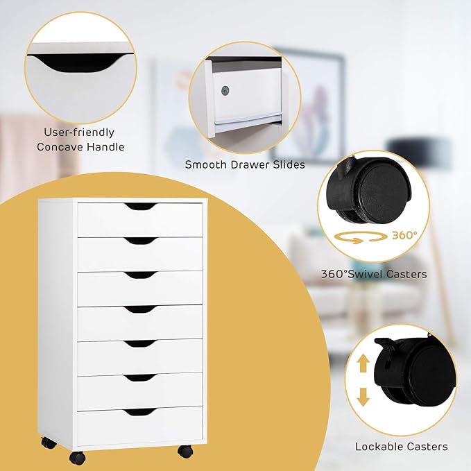 7 Drawers Filing Cabinet, Vertical File Cabinet for Home Office, Mobile Under Desk Office Storage Cabinets with Wheels (White, 7 Drawers)