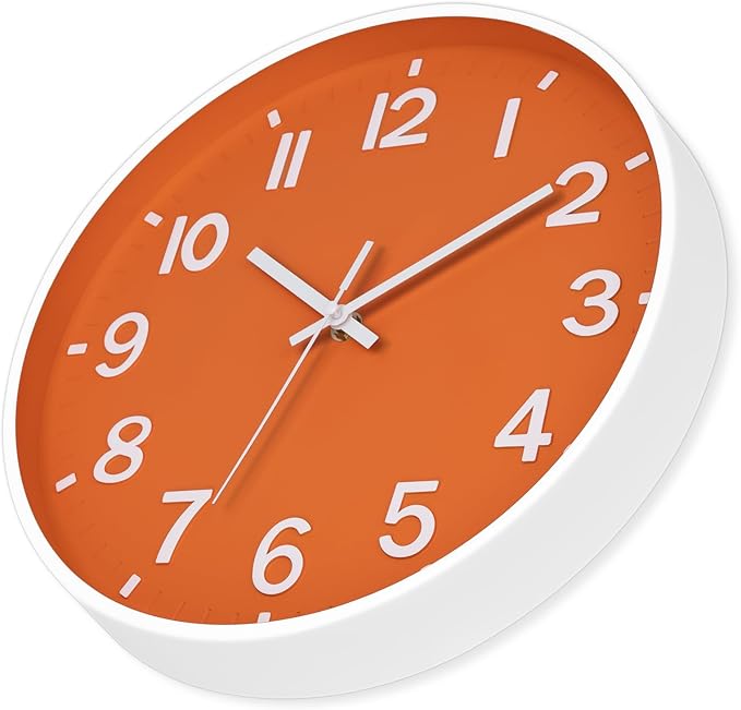 Foxtop Modern Wall Clock Silent Non-Ticking Battery Operated Round Quartz 12 Inch Wall Clock for Bedroom Living Room Kitchen Home School Office Decor (Orange & White)
