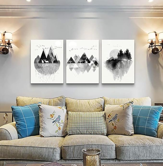 hyidecorart Canvas Wall Art For Living Room Large Wall Decor For Bedroom Office Decoration Black And White Abstract Wall Painting Geometry Mountain Wall Pictures Artworks Room Home Decor 3 Piece