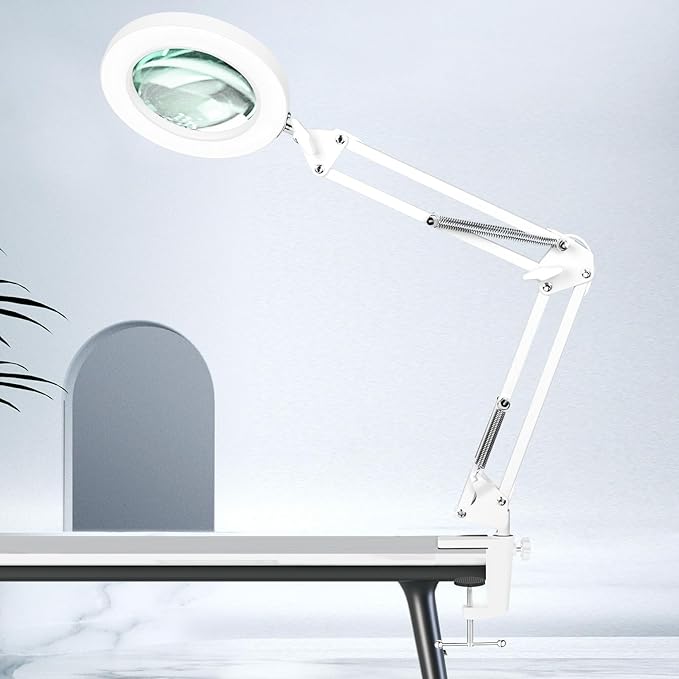 HITTI 10X Magnifying Glass with Light, 1800 Lumens Stepless Dimmable, 3 Color Modes, 4.2″ Real Glass Lens LED Lamp Clamp, Magnifier Light and Stand for Panting, Puzzle, Close Work-White