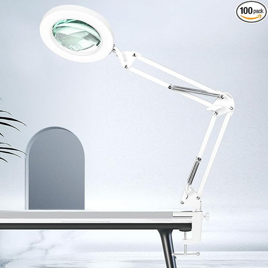 HITTI 10X Magnifying Glass with Light, 1800 Lumens Stepless Dimmable, 3 Color Modes, 4.2″ Real Glass Lens LED Lamp Clamp, Magnifier Light and Stand for Panting, Puzzle, Close Work-White