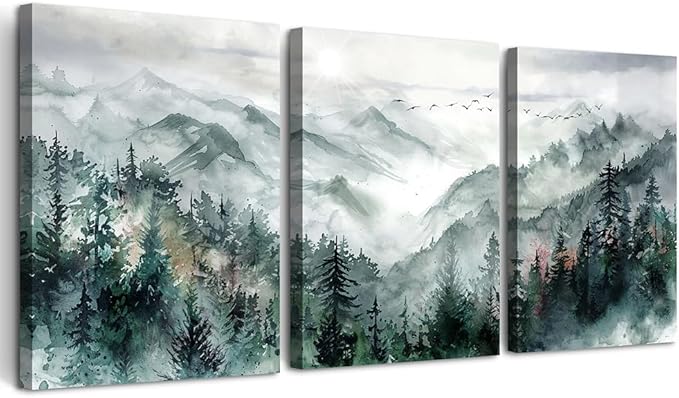 TTHYUEWS Wall Art for Bedroom Wall Decor for Living Room Office Decor Mountain Forest Landscape Wall Pictures Watercolour Paintings Artwork 3 Piece Canvas Art Prints Ready To Hang Home Decoration