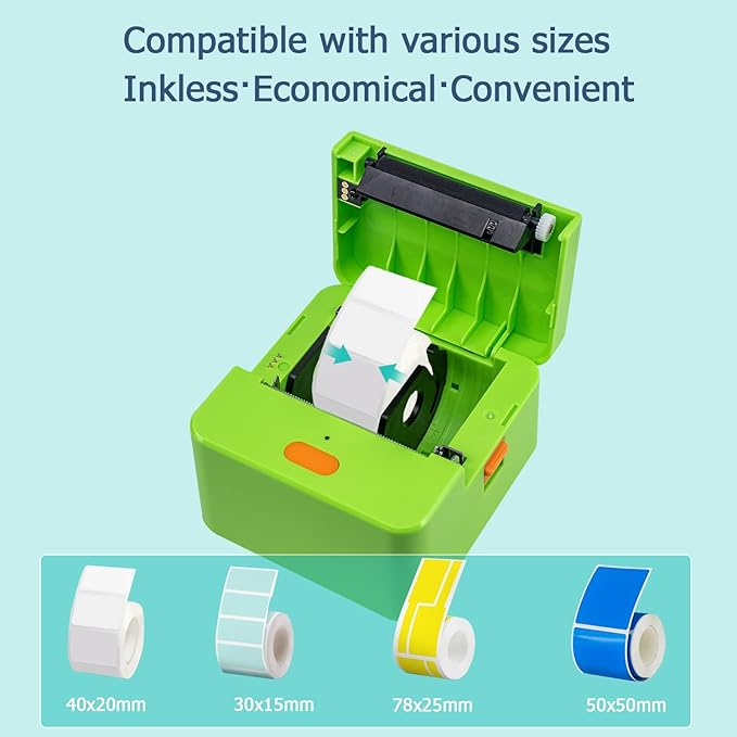 NETUM P58C Mini Label Printer - Portable Barcode Label Maker with Bluetooth, Inkless Thermal Printing for Retail, Clothing, Small Business & Home Office (Green)