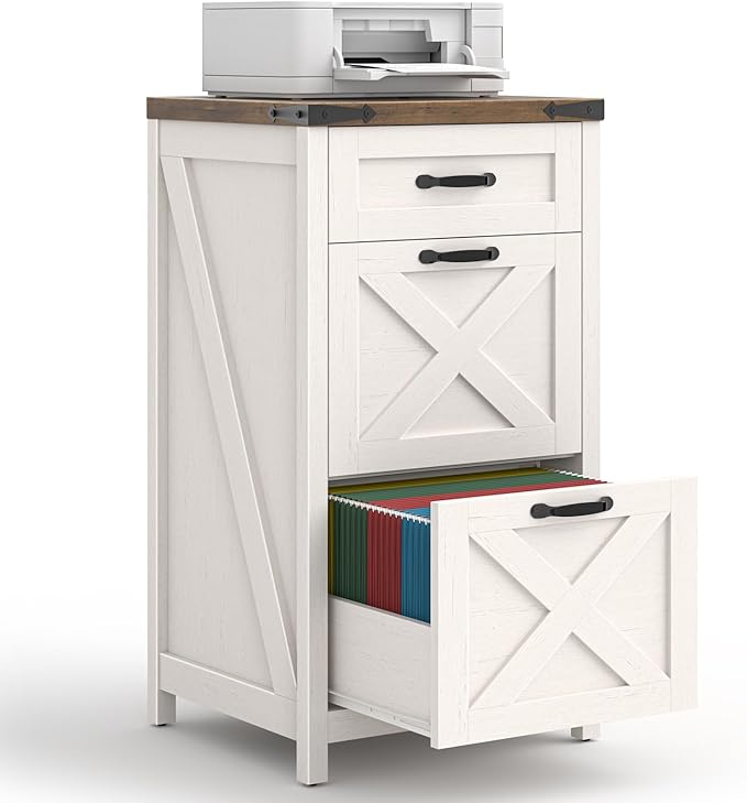 3 Drawer Small File Cabinet, Farmhouse Vertical Filing Cabinet Fits Letter/A4 Size, Wooden File Cabinets Printer Stand for Home Office, Living Room, Rustic White
