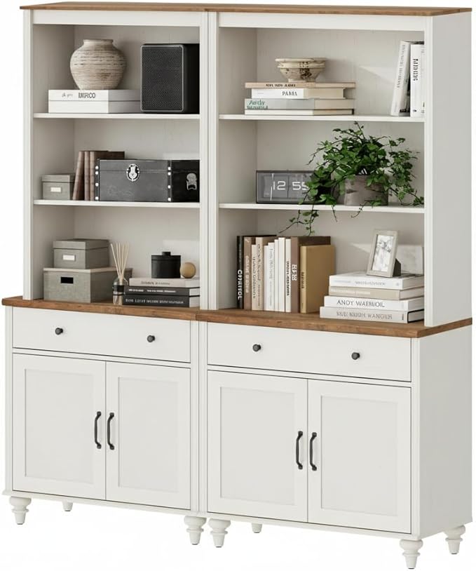 WAMPAT White 5 Tier Bookcase 72" Tall Bookshelf with Barn Doors, Farmhouse Large Display Book Shelf with 2 Drawers and Storage Cabinet, Morden Library Wood Bookshelves for Living Room,Kitchen, (2PCS)
