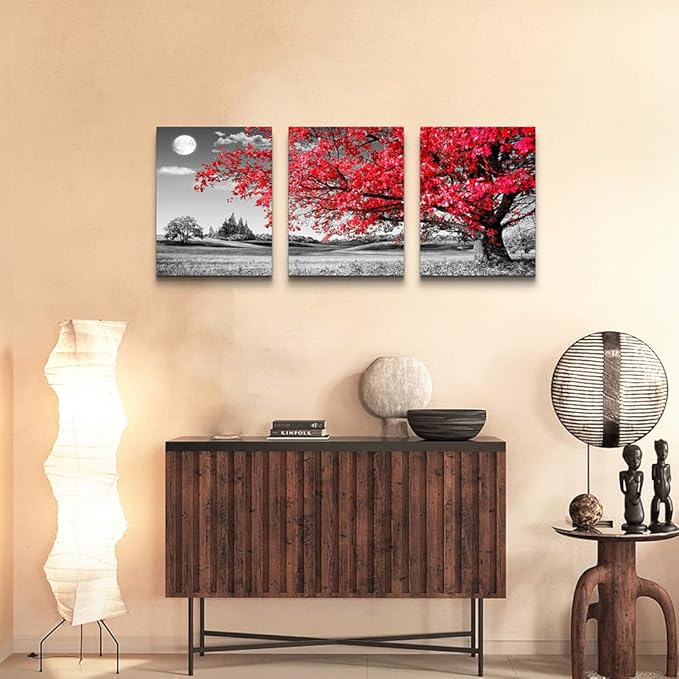 canvas wall art for living room family bedroom Wall Decor Black and white red tree moon landscape painting Ready to Hang for room Decorations Works office Decor Prints pictures 12" x 16"3 Pieces