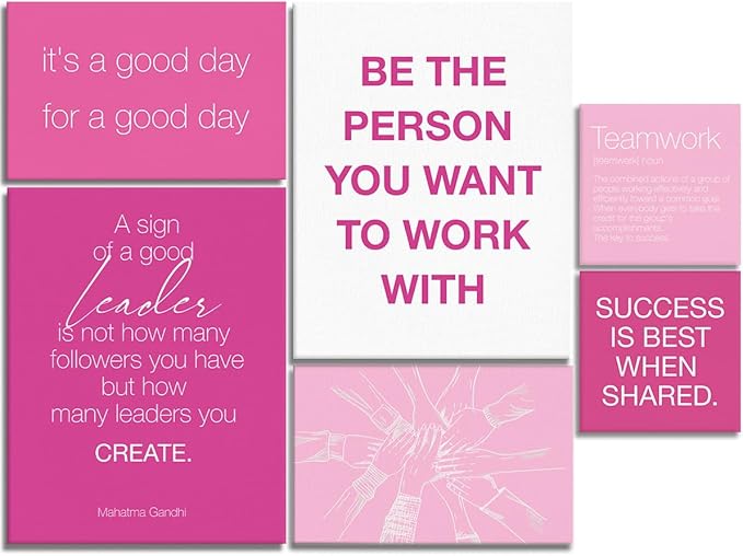 YEOION Inspirational Office Wall Art for Women,Motivational Teamwork Wall Decor for Office,Pink Postive Quote Workplace Canvas Wall Art for Set of 6
