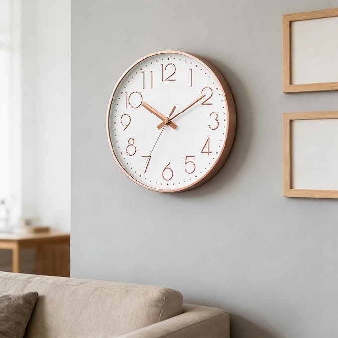 Wall Clock - 10 Inch Silent Non-Ticking Modern 3D Wall Clocks Battery Operated - Decorative Clock for Kitchen, Home Office, Bathroom, Bedroom(Rose Gold)