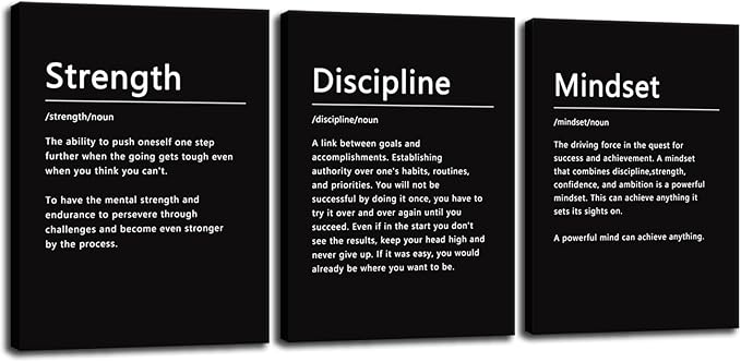 Strength Discipline Mindset Noun Inspirational Painting Wall Art 3 Pieces Canvas Print Office Wall Decor Poster Inspiring Framed Motivational Quotes for Wall Art Decoration Ready to Hang[36''Wx 16''H]