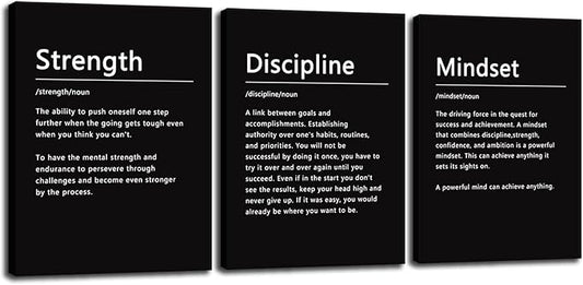 Strength Discipline Mindset Noun Inspirational Painting Wall Art 3 Pieces Canvas Print Office Wall Decor Poster Inspiring Framed Motivational Quotes for Wall Art Decoration Ready to Hang[36''Wx 16''H]