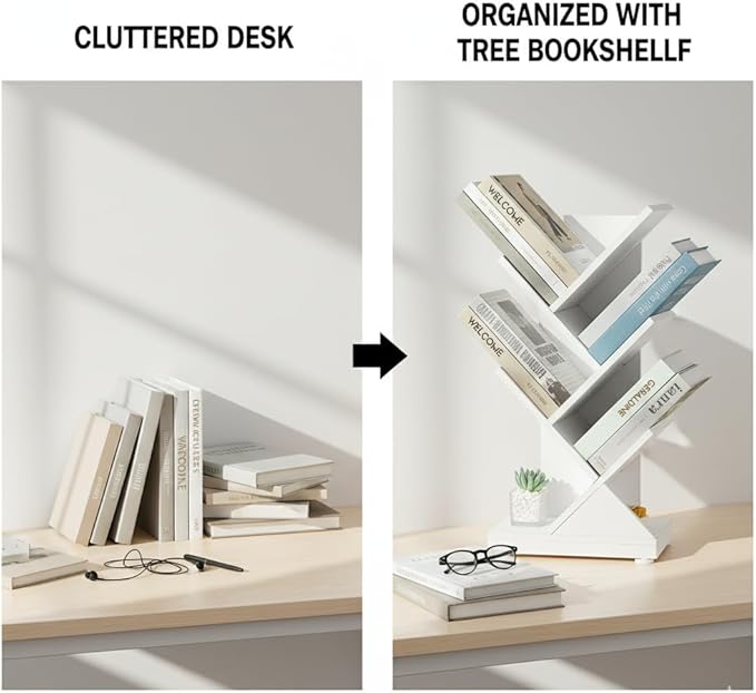 ruboka Tree Bookshelf, Retro Floor Standing Bookcase Display for CDs/Magazine/Books,Small Bookshelf for Bedroom,Living Room,Office,Balcony,Brown Storage Shelves (White, 5 Tier)