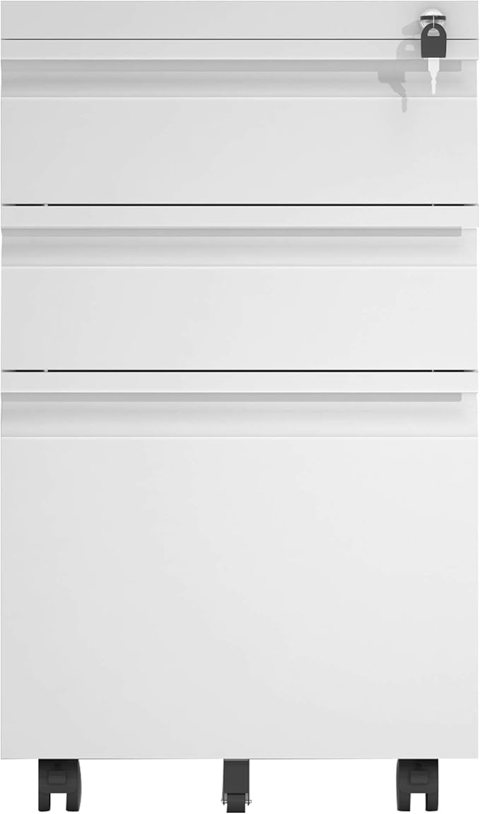 Anwick 3 Drawer Mobile File Cabinet with Lock, Under Desk Metal Filing Cabinet for Legal/Letter/A4 File, Fully Assembled Except Wheels (White)