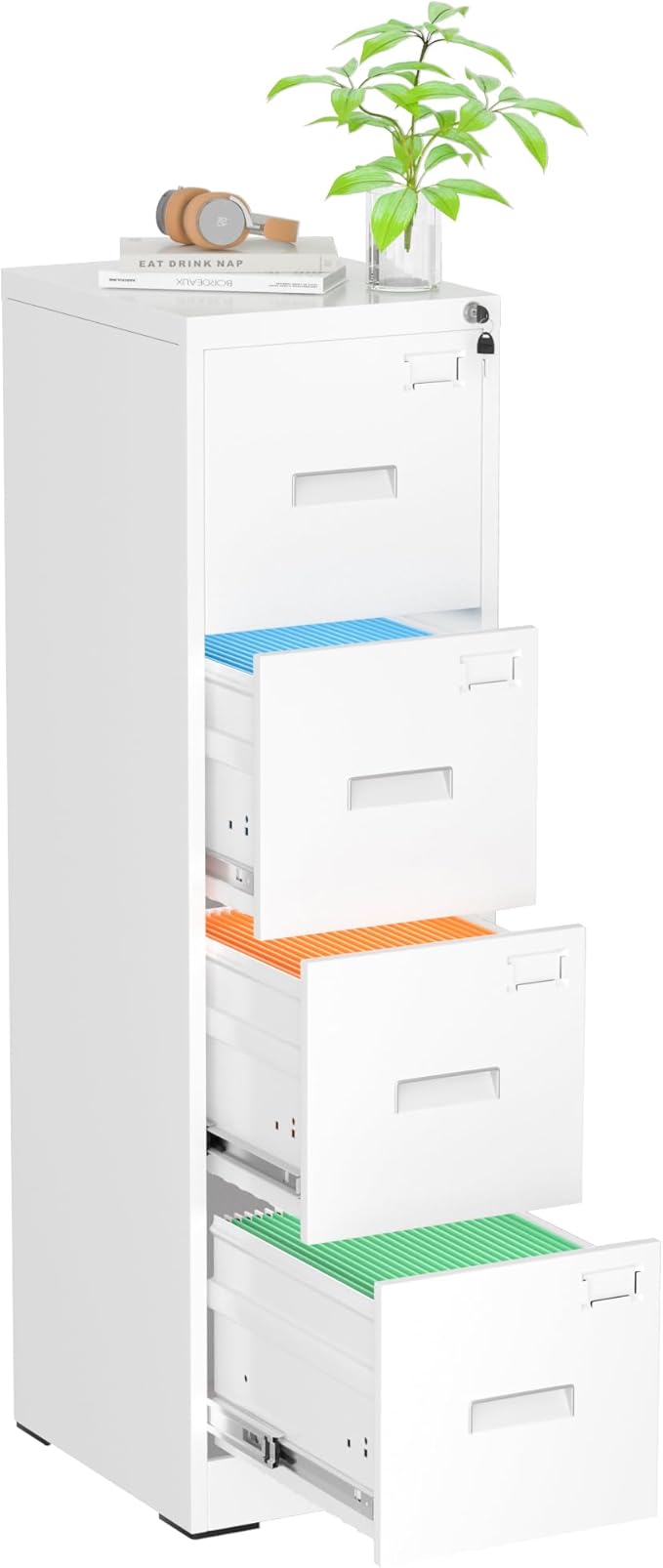 Superday 4 Drawer File Cabinets, 18” D Vertical File Cabinet with Lock, Locking Filing Cabinet for Home Office, White Metal Filing Cabinets for Hanging Letter/Legal Folders, Easy Assemble