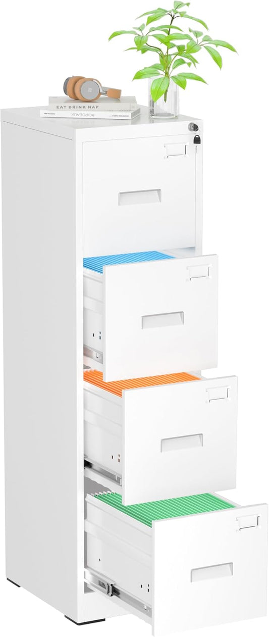 Superday 4 Drawer File Cabinets, 18” D Vertical File Cabinet with Lock, Locking Filing Cabinet for Home Office, White Metal Filing Cabinets for Hanging Letter/Legal Folders, Easy Assemble